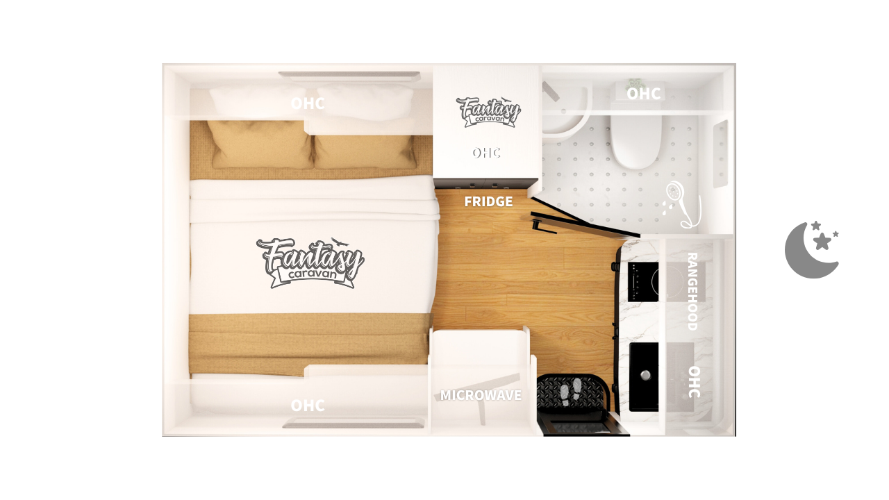 Fantasy Caravan Echo 10 floor plan, Bed made up